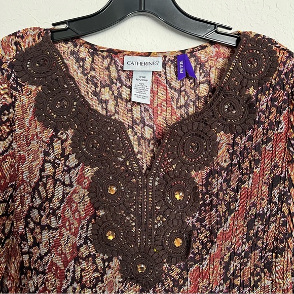 Catherines Brown Crochet Neckline Tunic Top Plus Size 1XWP Pleated Boho Mature - Picture 4 of 7